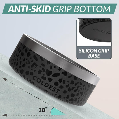 Coldest Dog Bowl - Anti Rust Metal, Non Slip, 3 Layers Insulated Stainless Steel Dog Bowls - Spill Proof & Heavy Duty - Water Bowl for Dogs, Cats & Pets, Dish Washer Safe (64 oz, Black Leopard)