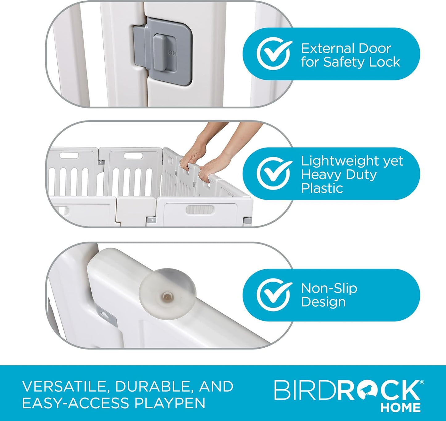 BIRDROCK HOME Dog Playpen w/Door, 16 Panel, 25.6in H | Strong Plastic, Non-Slip Puppy Playpen, Secure Pet Gate | Indoor Outdoor Fence | Configurable Panels | Medium to Large Pets - White