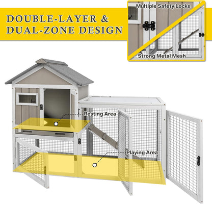 47''L Rabbit Hutch Outdoor Chicken Coop with Run, Wooden Indoor 2 Story Bunny House with Waterproof Roof, Pull Out Tray, Guinea Pig Rabbit Duck Cage for Small to Medium Animals and Pet Lover, Gray