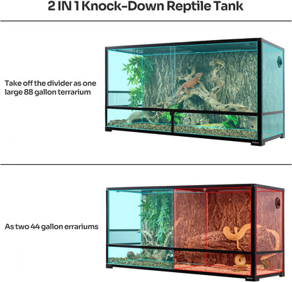 REPTIZOO 88 Gallon Large Reptile Terrarium 48" x 18" x 24" Knock-Down Glass Reptile Tank with Double Hinge Door & Screen Ventilation, Supporting Used as 2 Separate Habitats Easy Assembly