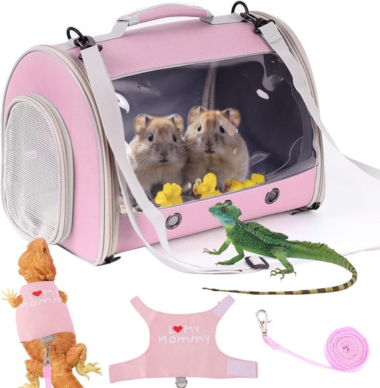 Small Animal Travel Backpack Carrier,Portable Bearded Dragon Bag for Sugar Glider,Hedgehog,Rat,Bunny,Rat,Outdoor Used (Pink, Carrier L+ I Leash)