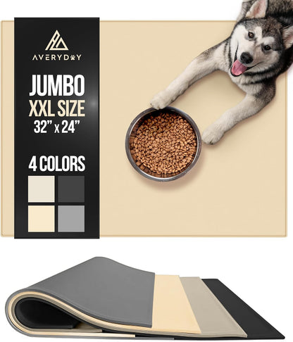 AVERYDAY 32x24'' Silicone Dog Mat for Food and Water, 0.63'' Edge Dog Food Bowl Mats for Floor Waterproof, Dogs Water Mat for Sloppy Drinker, Non Slip Rubber Pet Feeding Mats for Indoor Dogs and Cats