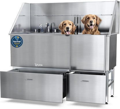 KANIS Professional Dog Washing Station - 304 Stainless Steel Pet Wash Sink & Grooming Bath Tub for Home with Ramp, Shower, Floor Grate, Storage Drawers, and Faucet for Large, Medium & Small Pets