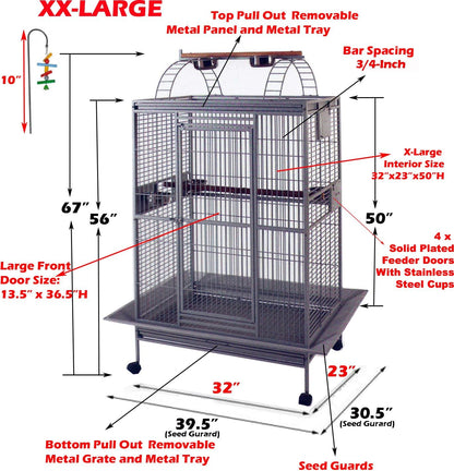 XX-Large 32" x 23" x 66"H Double Walk Ladders Open Play Top Wrought Iron Bird Parrot Parttot Finch Macaw Cockatoo Cage, Include Seed Guard and Toy Hook