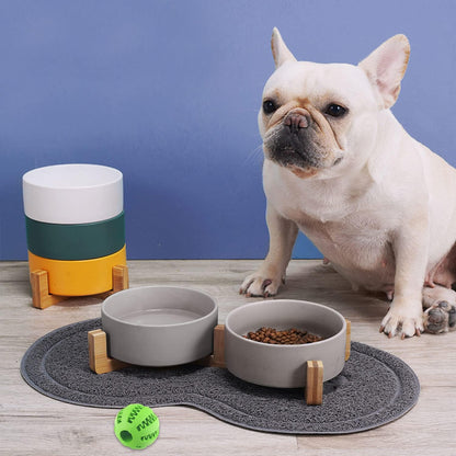 Petygooing Ceramic Dog Bowl Set with Wood Stand, Grey, 13.5OZ/5.1 in, Suitable for Cats & Small Dogs