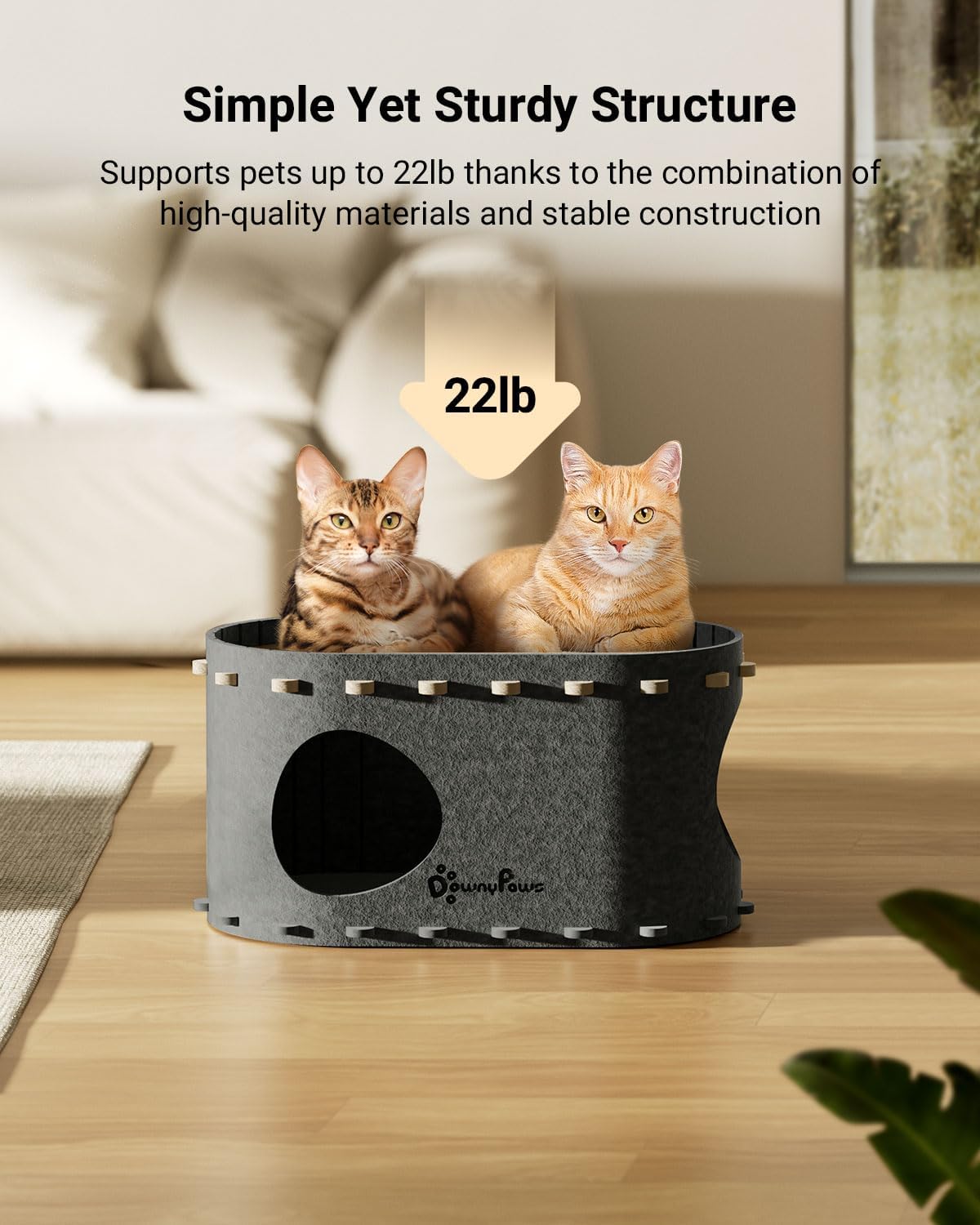 DownyPaws Cat House for Indoor Cats, Cat Bed Cave for Multiple & Large Cats Up to 22 Lbs, Scratch Resistant Peekaboo Cat Caves, Foldable Tunnel Enclosed Bed, PeekaPurr, Sesame Gray