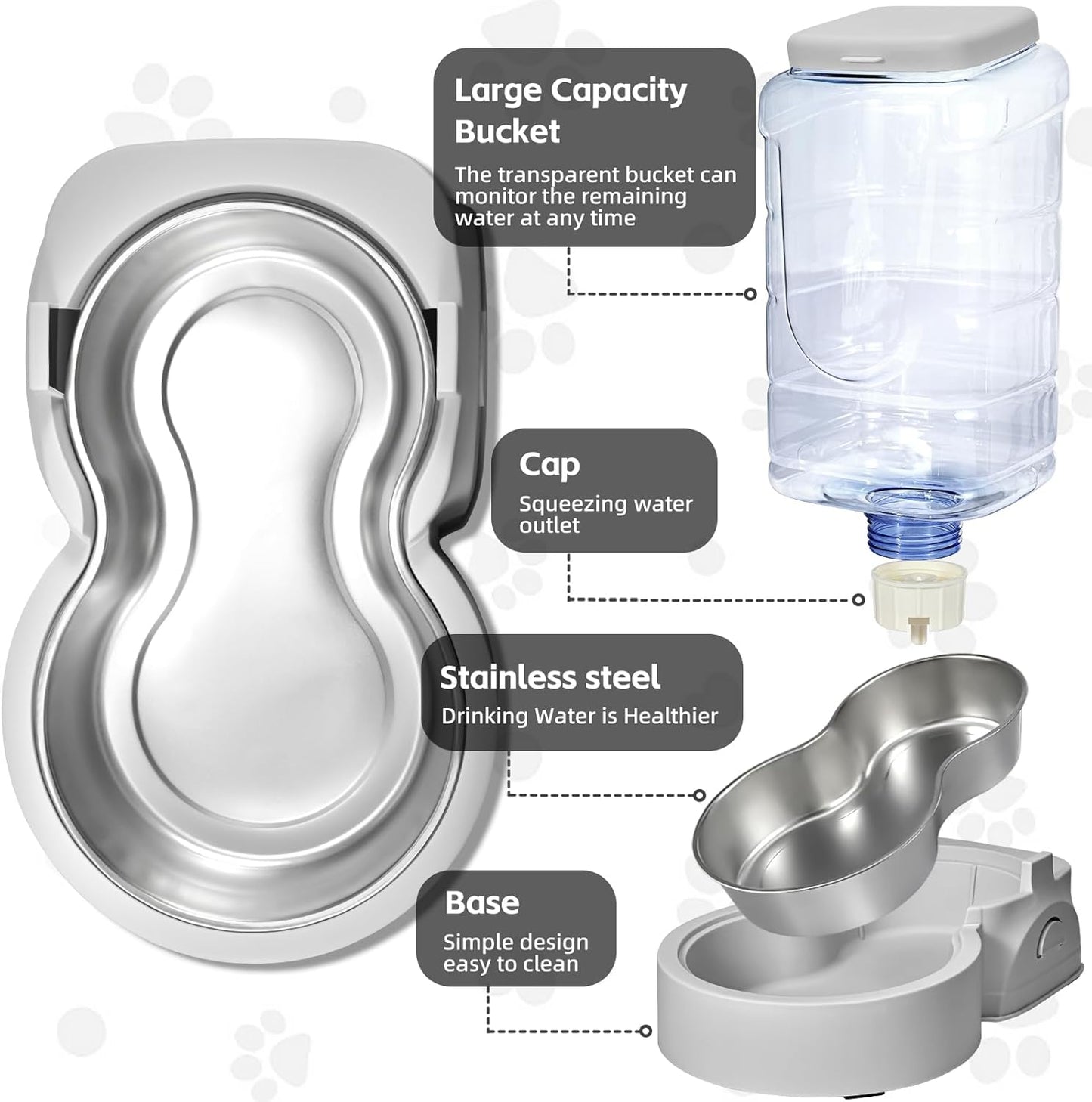 HWONMTE Portable Automatic Cat Feeder and Water Dispenser with Stainless Steel Bowl Dog Gravity Food Feeder and Waterer for Small Medium Pets Puppy Kitten 1 Gallon x 2 (Silver Gray)