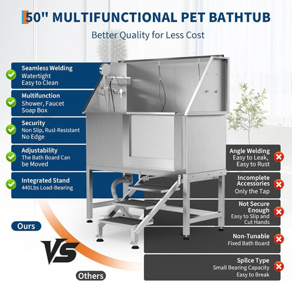 50" Stainless Steel Professional Dog Washing Station - Pet Bathing Tub w/Non-Slip Stairs | Slip-Resistant Floor Grate | for Large/Medium/Small Dogs