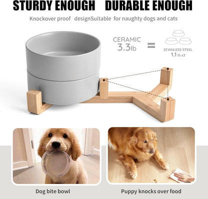 Grey Ceramic Dog & Cat Bowl Set – 13.5 OZ with Wooden Stand, Non-Slip, Elevated Design for Small Dogs & Cats – 2 Bowls (Food & Water, Ceramic Pet Bowls, Modern Dog Bowls)