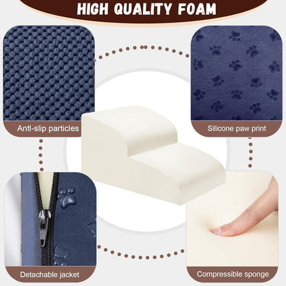 Dog Stairs for Small Dogs - High Density Foam Pet Steps, Extra Wide Dog Ramp with Non-Slip Bottom for High Beds, Couch and Sofa, Best for Dogs Injured, Older Doggy Cats,2 Steps, Navy
