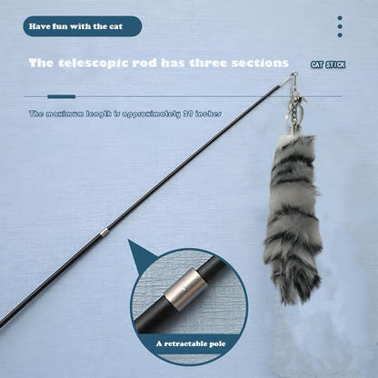 Interactive Cat Wand Toy with Cat Dancer, Retractable Feather Fox Tail Teaser for Indoor Cats, Enrichment Play Kittens to Senior Cats(Arctic White)