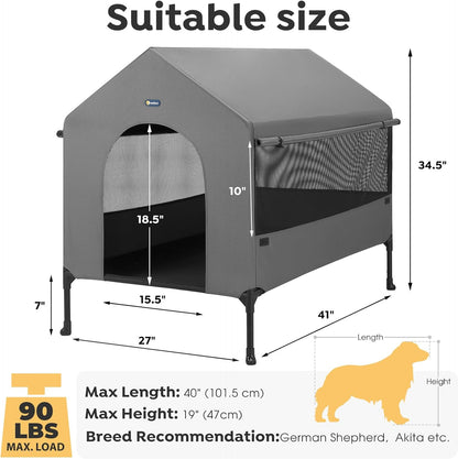 Veehoo 41" Dog House, 2-in-1 Large Dog House Outdoor Indoor Weatherproof, Outside Elevated Dog Cot Bed Dog Tent Shade, Three-Sided Breathable Mesh Windows and Sunshades, CWC2435CP