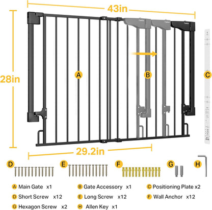 Cumbor 29.2-43" No Bottom Bar Baby Gate for Stairs, 2-in-1 Hardware Mounted Dog Gate Indoor, Wide Pet Gates for Doorway with Large Walk Thru Door, Child-Proof Gate for Top & Bottom of Stairs(Black)