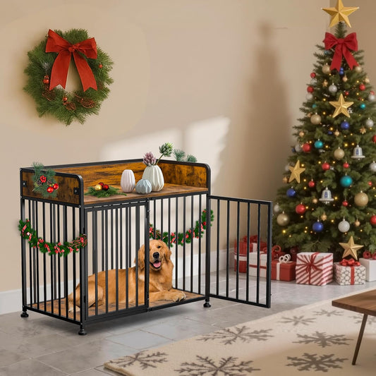 Dog Crate Furniture End Table with Table Guardrail, Heavy Duty Large Dogs Cage, 42 Inch Dog Kennel, Medium Large Dogs House Decorative Pet Crate Indoor