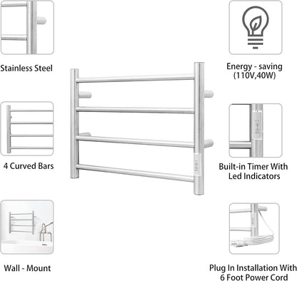 KEG Towel Warmer Wall Mounted with Built-in Timer 4 Bars Electric Stainless Steel Heated Towel Racks for Bathroom, Hot Plug-in Bath Towel Heater Brushed Nickel