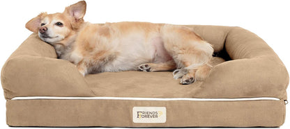 Friends Forever Small Dog Bed, Orthopedic Sofa Memory Foam Mattress, Calming Couch, Wall Rim Pillow, Water Resistant Liner, Washable Cover, Non-Slip Bottom, Chester, Small Khaki Beige