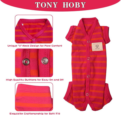 TONY HOBY Dog Pajamas, Female/Male Dog 4 Legged Pajamas, Soft Cotton Dogs Jumpsuit with Stripes (Rose Red&Orange, Girl, S)
