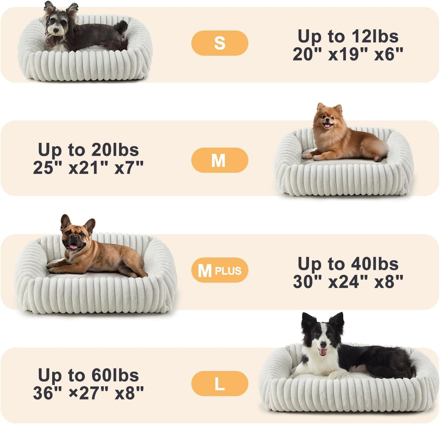 Dog Beds for Small Dogs, Washable Dog Bed with Removable Cover, Rectangle Soft Calming Sleeping Puppy Bed Durable Pet Cuddler with Anti-Slip Bottom, 20"x19"x6" Cream