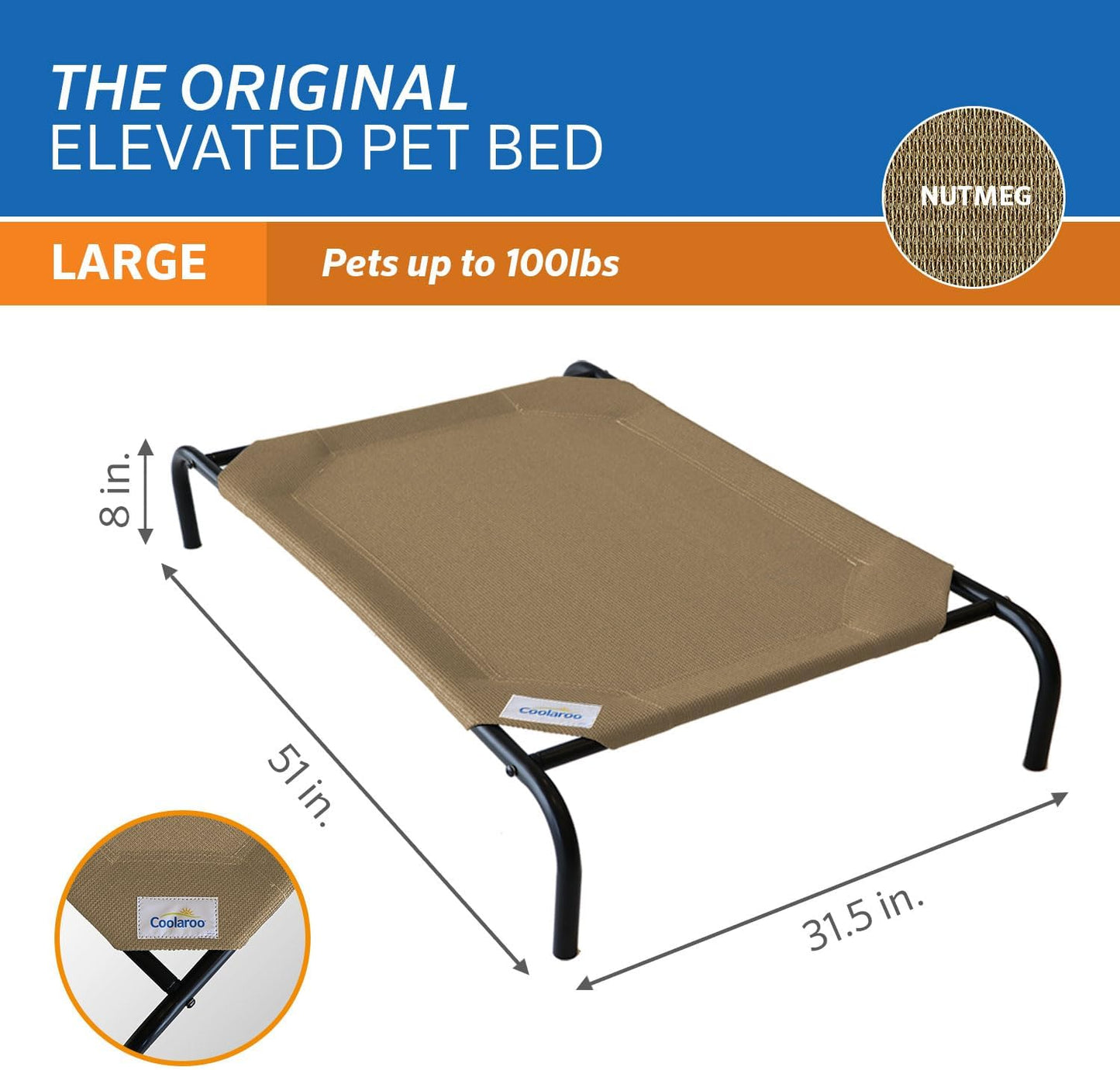 Coolaroo Original Elevated Dog Bed - Breathable Off-The-Ground Pet Bed with Cooling Fabric, Joint Relief & Moisture-Resistant Fabric, 100% Recyclable, Easy Clean, Nutmeg, Large