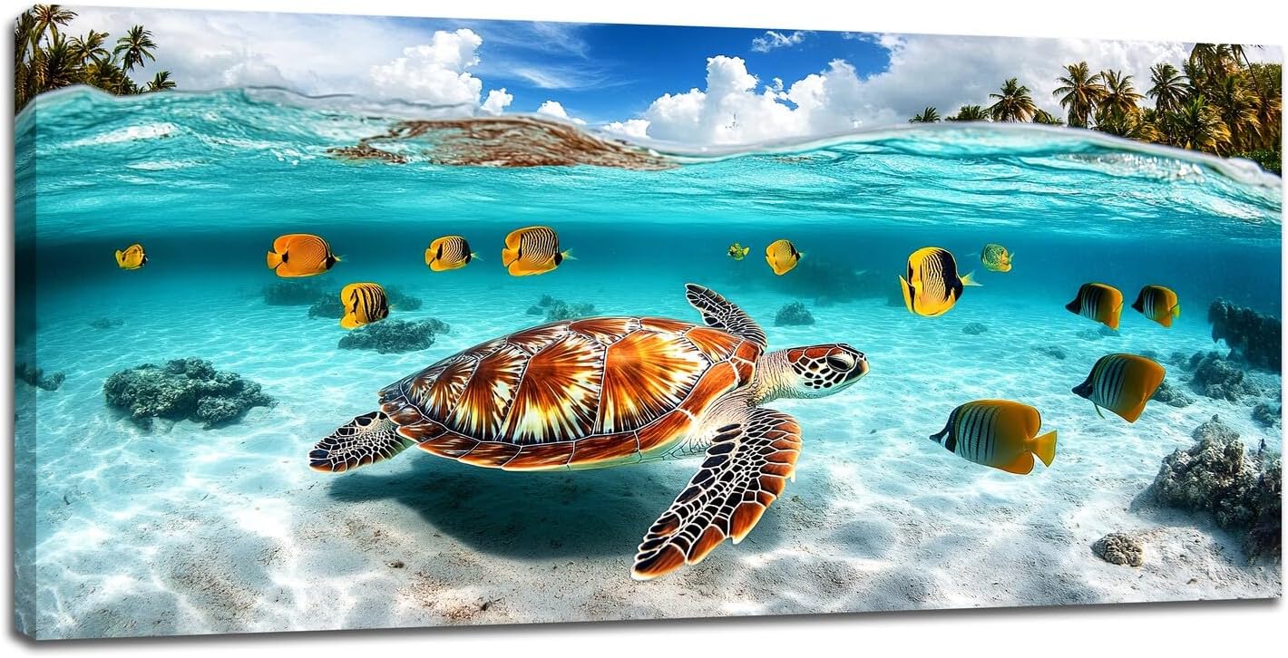 Quorin Sea Turtle Large Wall Art Coastal Undersea Beach Fish Pictures Wall Decor Tropical Island Canvas Print Painting Artwork for Bathroom Living Room Bedroom 30"x60"