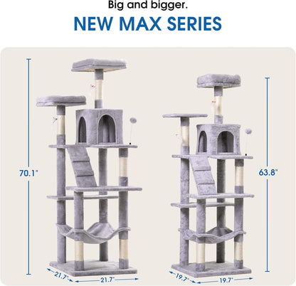 MWPO 70.1-Inch Large Cat Tree, Multi-Level Tall Cat Tower for Indoor Cats, Plush Cat Condo with Big Padded Perches, Sisal-Covered Scratching Posts, Hammock, Toys for Kittens & Cats - Light Grey