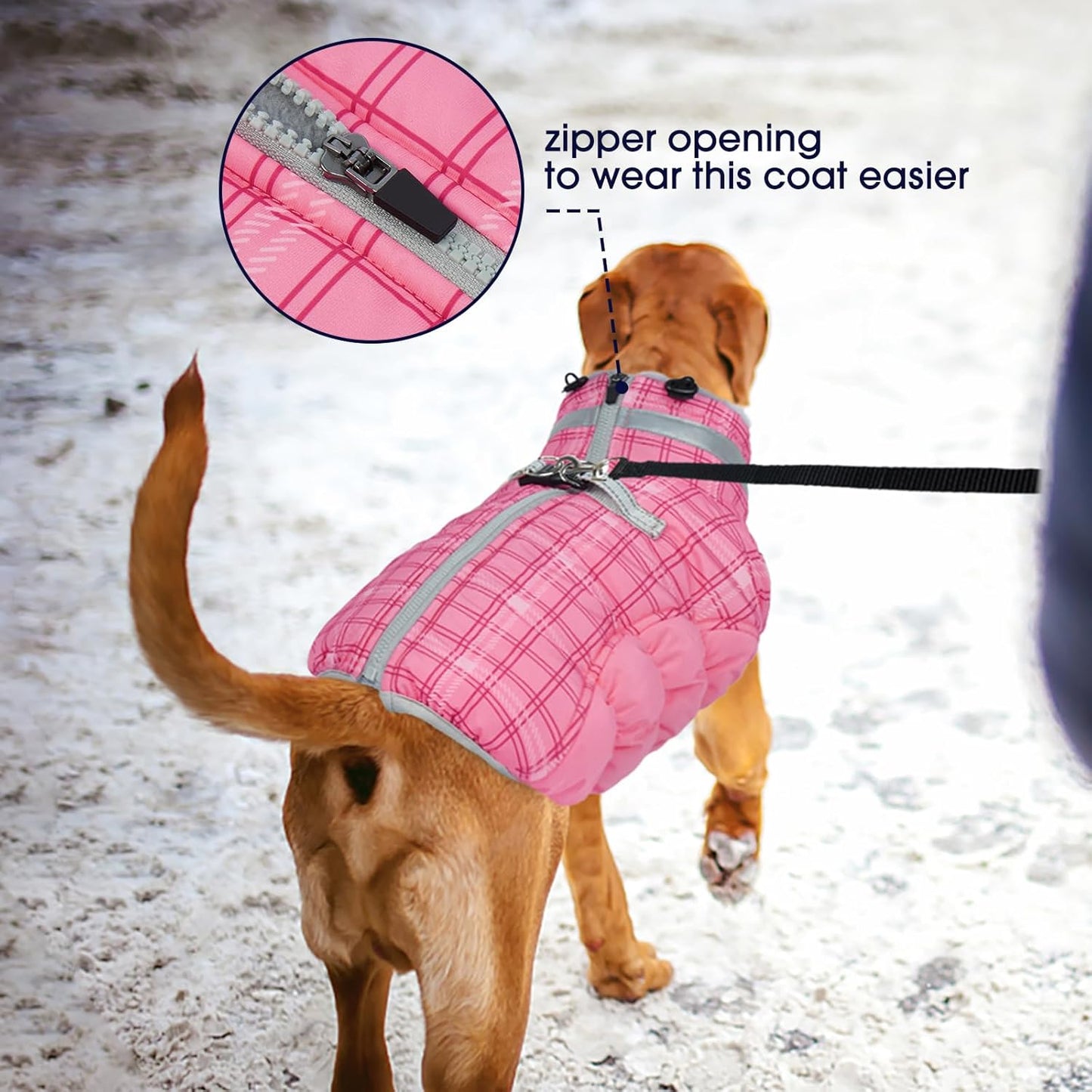FUAMEY Dog Coat for Large Dogs,Waterproof Dog Winter Jacket with Harness Built in Puppy Cold Weather Coats Reflective Pet Vest with Zipper Warm Fleece Dogs Snowsuit Windproof Rose Plaid L