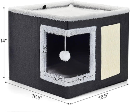 petizer Cat Bed for Indoor Cats, Large Covered Cat House with Scratch Pad, Foldable Cat Cave Bed & Hideaway Cube with Reversible Cushions, Cute Cat Condo for Multi Small Pet Kitten (Dark Grey)
