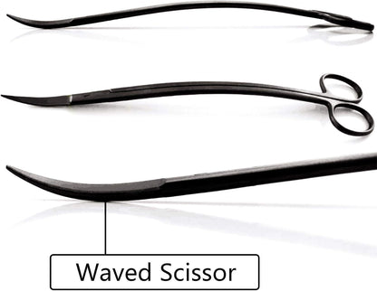 Aquascaping Tools 7 in 1 Kit Aquarium Plant Scissors Tools Set Curved & Waved Scissor Tweezers Spatula Stainless Steel Anti Rust Tools for Aquascape Black