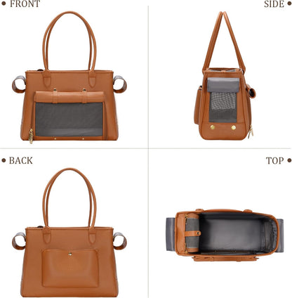 Fashion Pet Carrier Purse for Small Cat and Dog, Luxury Pu Soft-Sided Tote Bag with Large Pockets for Dogs and Puppies (Brown, 15.8" L x 7.5" W x 11.8" H)