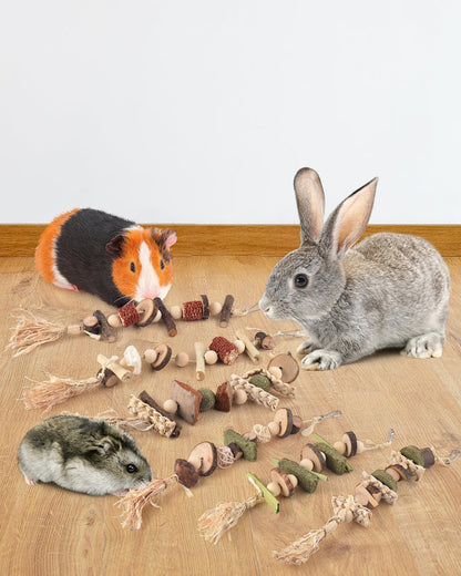 6PCS Bunny Chew Toys, Hamster Rabbit Cage Hanging Chew Toys, Natural Apple Wood Bunnies Treats, Improve Small Animal Teeth Health for Guinea Pig Chinchilla Ferret Rats Gerbil