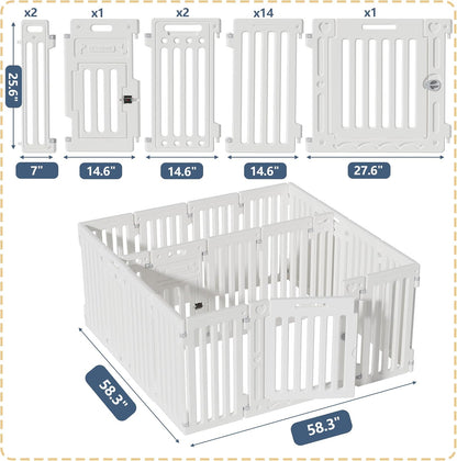 2 Room Dog Playpen with Door,DIY Shape Combination Puppy Pen,16-Panel+2 Link Piece+Large Door+Small Door,25.5" H Dog Fence,Non-Slip&Secure Pet Gate,Easy to Assemble
