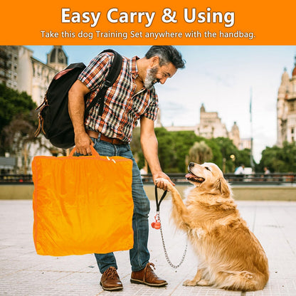 Dog Agility Training Equipment Set Outdoor Indoor Game, Tire Jump + Hurdle Jump, Tunnel, Weave Poles, Pause, 2 Toy Balls, 2 Discs, 1 Whistle, 1 Bag, 2 Training Clicker Backyard Dog Obstacle Course Kit