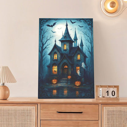 Halloween Gothic Wall Art Castle Pumpkin Ghost Bat Canvas Wall Decor Dark Academia Pictures Painting Print Framed Artwork Decorations Gifts for Halloween Living Room Bedroom Office 16"x24"
