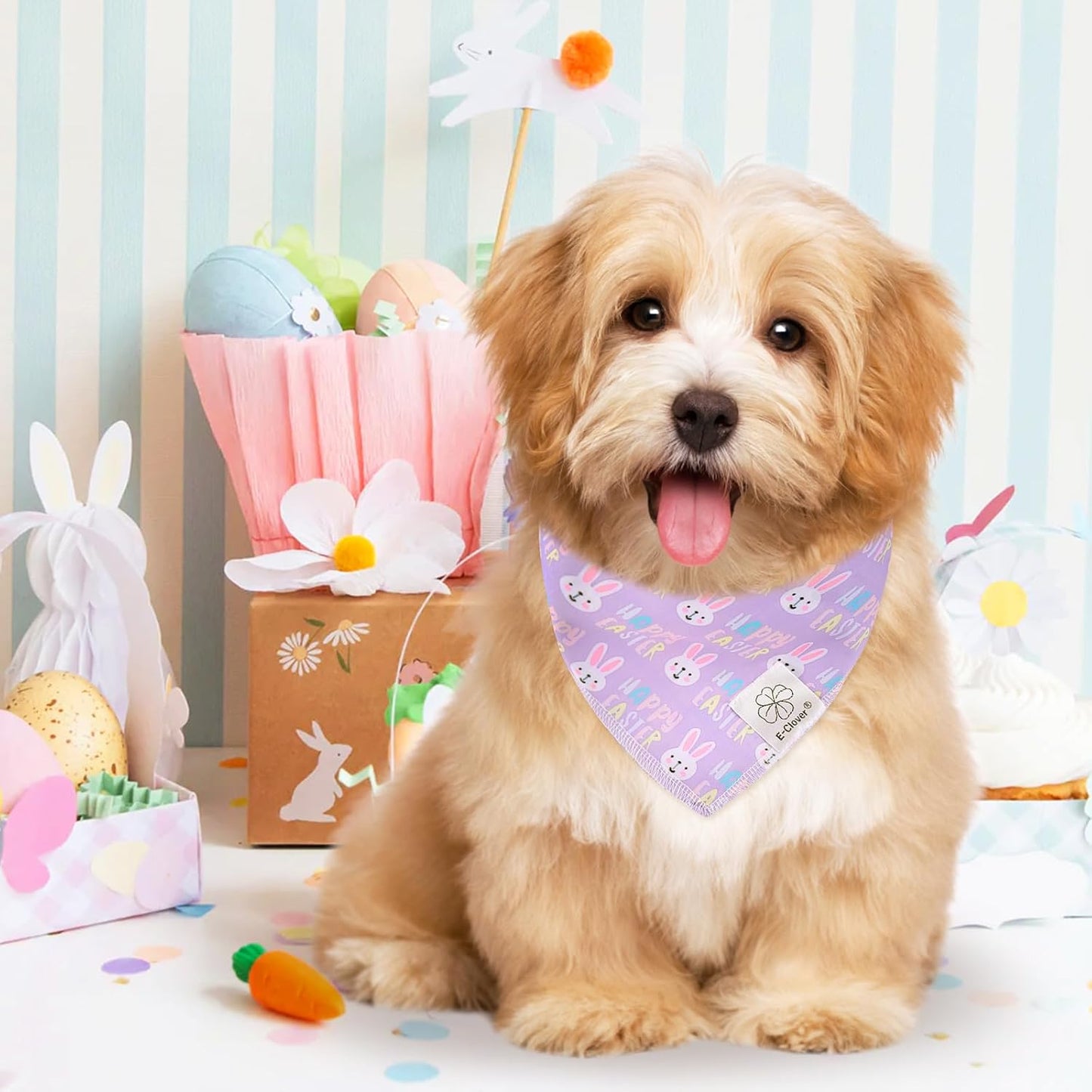 E-Clover Easter Dog Bandana & Matching Scrunchie-Bunny Dog Bandanas Pet Scarf Bib for Samll Dogs Puppy Girl Boy Owner Gift Purple