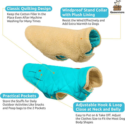 Queenmore Warm Dog Coat, Cold Weather Puffer Dog Coat Vest, Quilting Winter Pet Jacket Ultra Thick Plush Fleece Lining Pet Clothes for Dogs with Storage Pockets (Light Blue, X-Small)