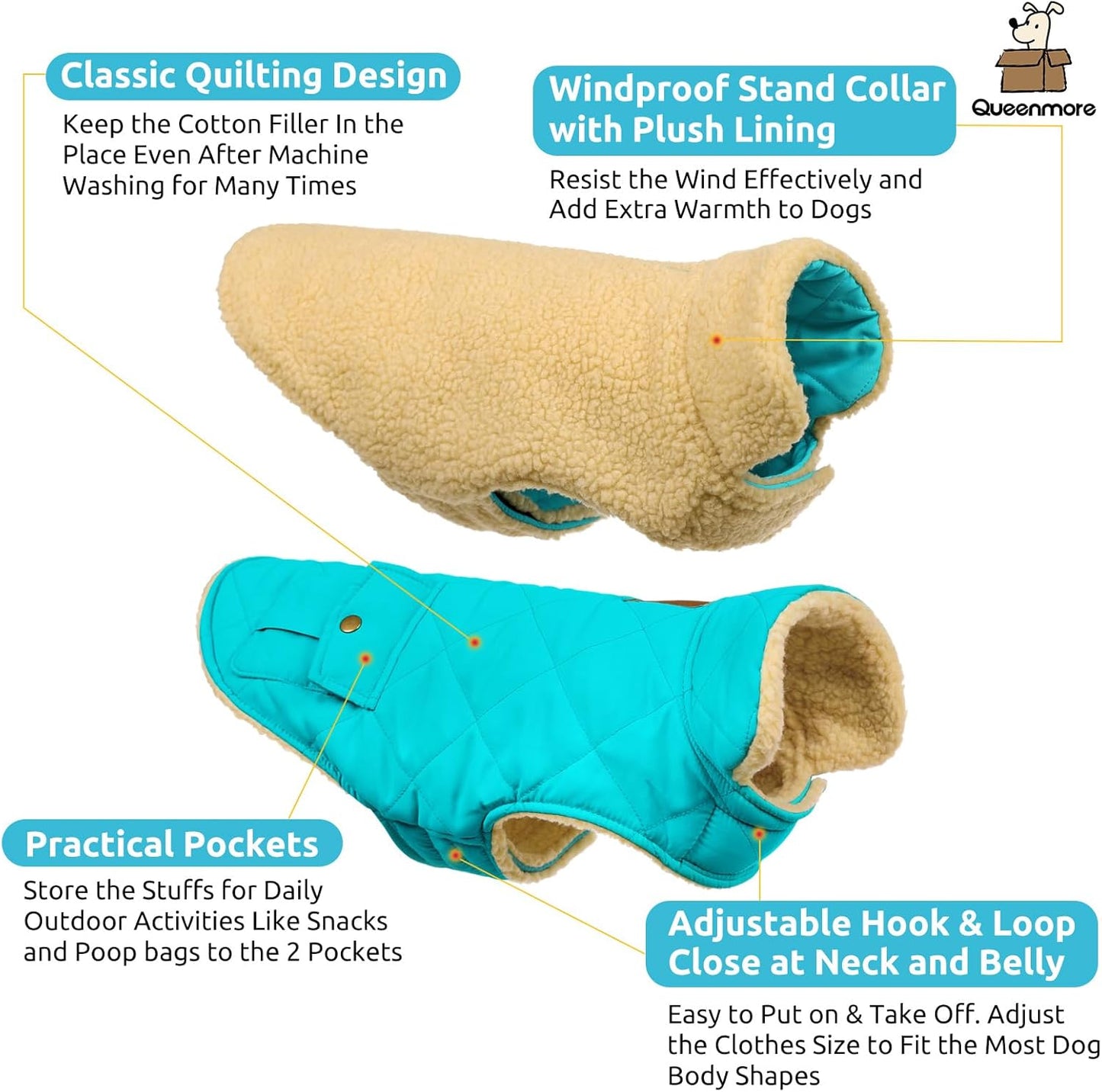 Queenmore Warm Dog Coat, Cold Weather Puffer Dog Coat Vest, Quilting Winter Pet Jacket Ultra Thick Plush Fleece Lining Pet Clothes for Dogs with Storage Pockets (Light Blue,Large)