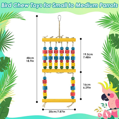 Bird Swing, Parrot Chew Toy with Wooden Perches Stand, Hanging Colorful Wood Block Bird Cage Accessories for Budgerigar, Canaries, Cockatiels, Parakeets, Conures, Finches, Mynah