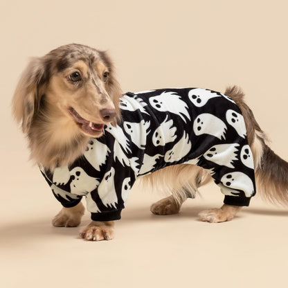 Fitwarm Halloween Ghost Dog Pajamas, Funny Halloween Costumes for Dogs, Fleece Dog Onesie with Feet, Doggy Clothes for Small Dogs Boy Girl, Pet Apparel, Black, White, Small