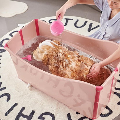 Portable Dog Bathtub for Large Dogs - 48.4Gal Foldable Pet Wash Station with Drain Plug, Insulated & Non-Slip Design for Indoor/Outdoor Bathing, Grooming, Camping（Pink）