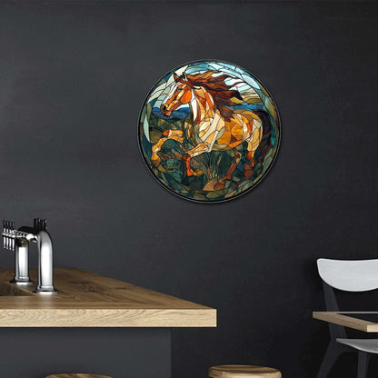 Lygond Metal Sign Tin Sign Circular Stained Glass American Mustang Garden Metal Sign for Gift 8×8 Inches