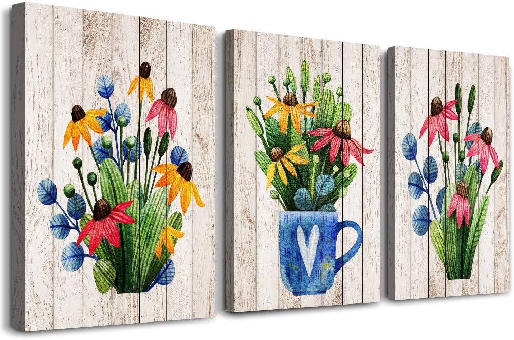 Vintage Wood grain plant flowers wall art for kitchen Wall Decoration for Living Room Wall decor for Bedroom room Decor 20" X 28" 3 Piece Framed Office Canvas print Artwork modern Home Decor painting
