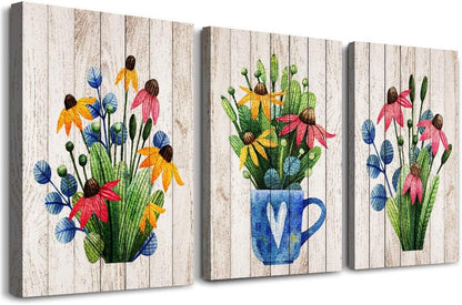 Vintage Wood grain plant flowers wall art for kitchen Wall Decoration for Living Room Wall decor for Bedroom room Decor 20" X 28" 3 Piece Framed Office Canvas print Artwork modern Home Decor painting