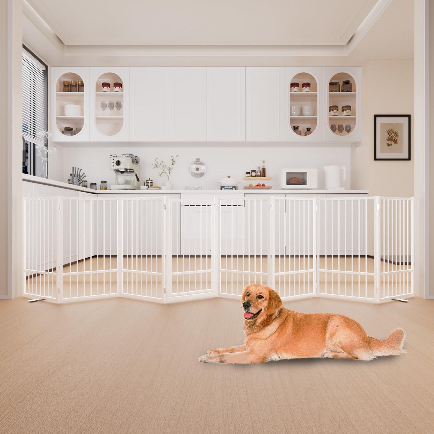 Full Metal Freestanding Dog Gate with Door, 36''Height Foldable Pet Dog Fence for Indoor & Outdoor, 8 Panels Extra Wide Free Standing TallDog Gates for Doorways,House,Stairs,Porch,Deck,Yard