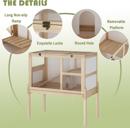 Guinea Pig House for 2 with Stand, Small Animals Rabbit Cages with a Pull Out Tray, Wooden 2-Story Indoor Large Hamster Habitat Playpen with Ramp, Hideout, Platform