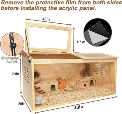 Wooden Hamster Cage,40" L x 20" W x 20" H Animal Cabinet for Dwarf Syrian Hamsters Degus, Hamster Habitat with Openable Top and Large Acrylic Sheets.