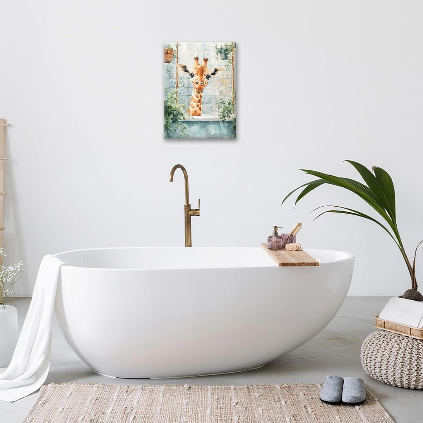 Bathroom Funny Giraffe Pictures Wall Art, Watercolor Giraffe Bathroom Wall Decor, Animal Framed Painting Canvas Artwork for Living Room Decorations 20"L x 16"W