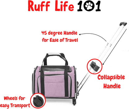 Airline Approved Expandable Premium Pet Carrier on Wheels- Two Sided Rolling Carrier- Designed for Dogs & Cats- Extra Spacious Soft Lined Carrier! - Pink (RL-PET-CARRIER-WHEELS)