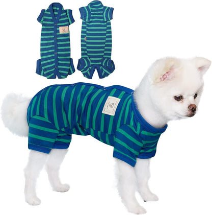 TONY HOBY Dog Pajamas for Medium Small Dogs, Dog Jumpsuit with Stripes 4 Legged Pajamas, Soft Dogs Pet Clothes (Blue&Green, Girl, XL)