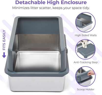 iPrimio Premium Stainless Cat Litter Box for Easy Cleanup - Durable and High Sides Stainless Steel Litter Box with Step Scoop - Mat Elevated for Cats - Scratch and Bite Proof - Dark Grey