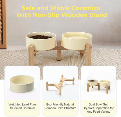 SPUNKYJUNKY Elevated Dog Bowls Ceramic, 5.1'' Dogs and Cat Food Water Bowls Raised with Non-Slip Bamboo Stand for Puppy Small Sized Breed Microwave Dishwasher Safe - 13.5 OZ,Beige